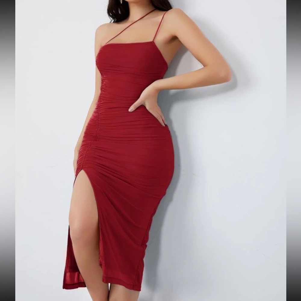 Xs red BAE One Shoulder Split Thigh Ruched Bodycon Dress